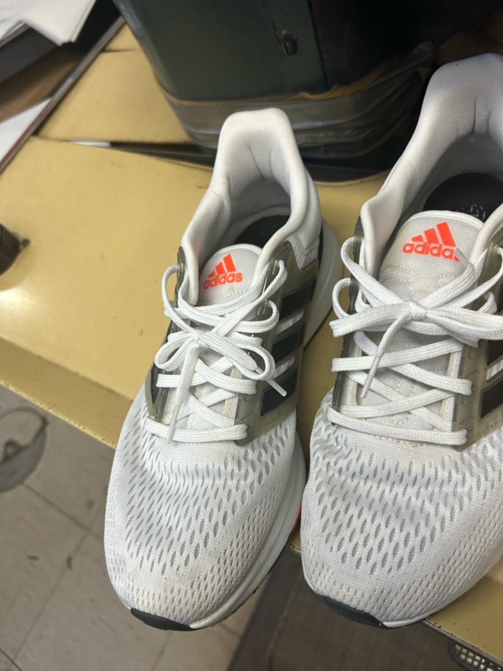 adidas White Sneakers with Coral Logo and Black Accents size 8